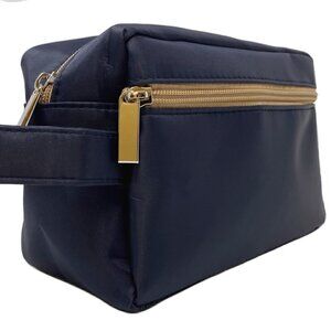 Navy Dopp kit with tan zipper